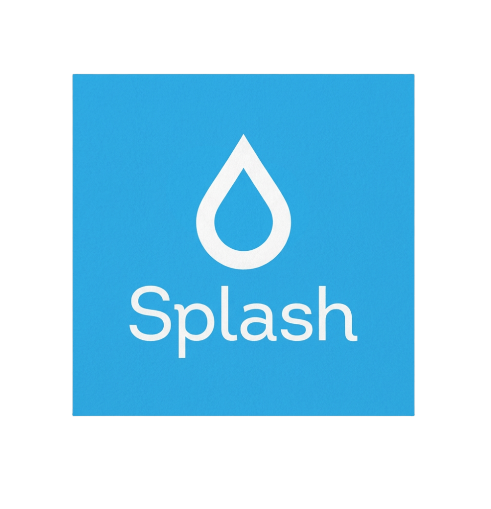 Remove only the grey background outside the blue box from the Splash logo. Preserve the blue box, logo artwork, text, colors, and edges exactly.